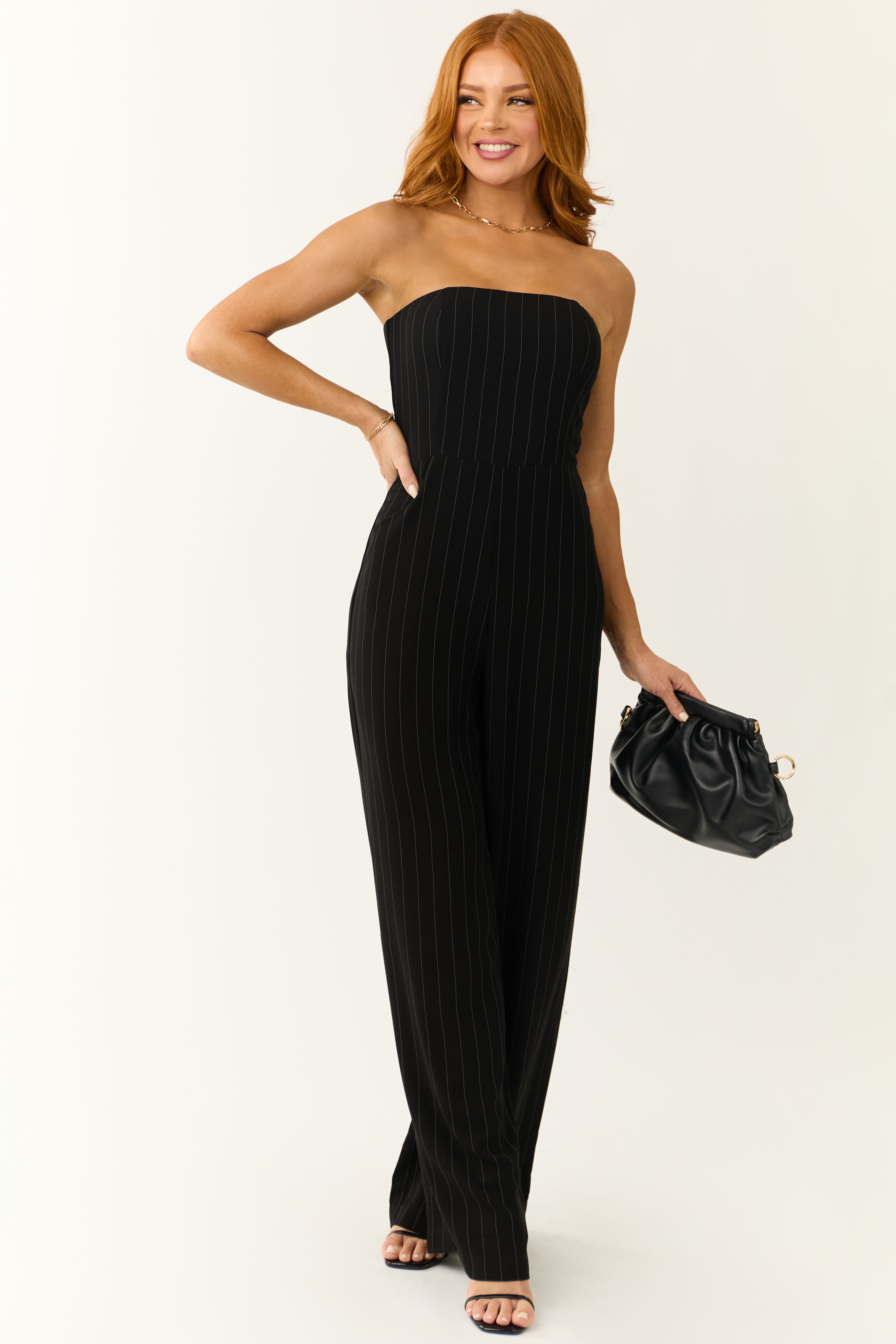 Elegant Black Pinstripe Strapless One-Piece Pants